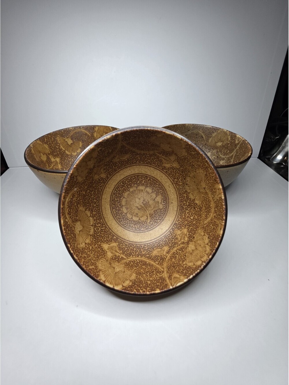 Vintage Japanese Sousaku Ceramic Rice Bowls Brown Floral Pattern Set of 3